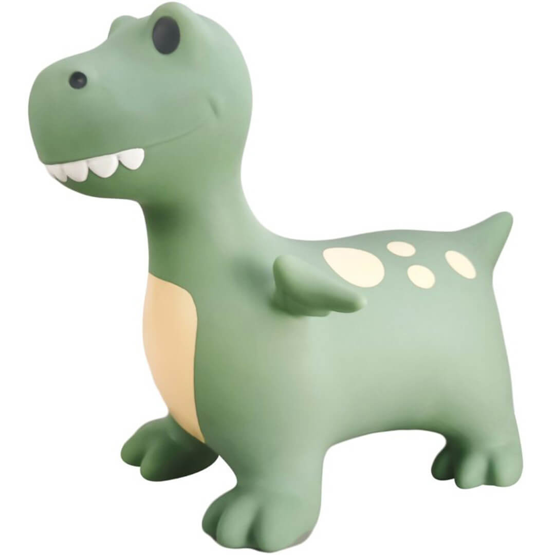 find that hippo skippydier dino, een groen opblaasbaar speelgoeddier met lichte vlekken en buik.