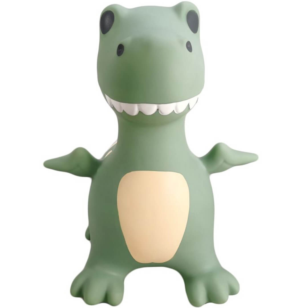 find that hippo skippydier dino, een groen opblaasbaar speelgoeddier met een lichte buik, van voren gezien.