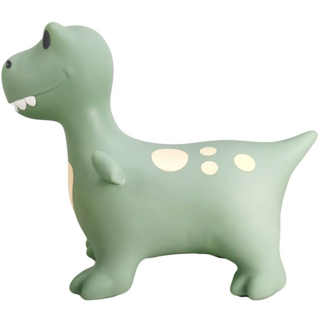 find that hippo skippydier dino, een groen opblaasbaar speelgoeddier met lichte vlekken en buik, van de zijkant.