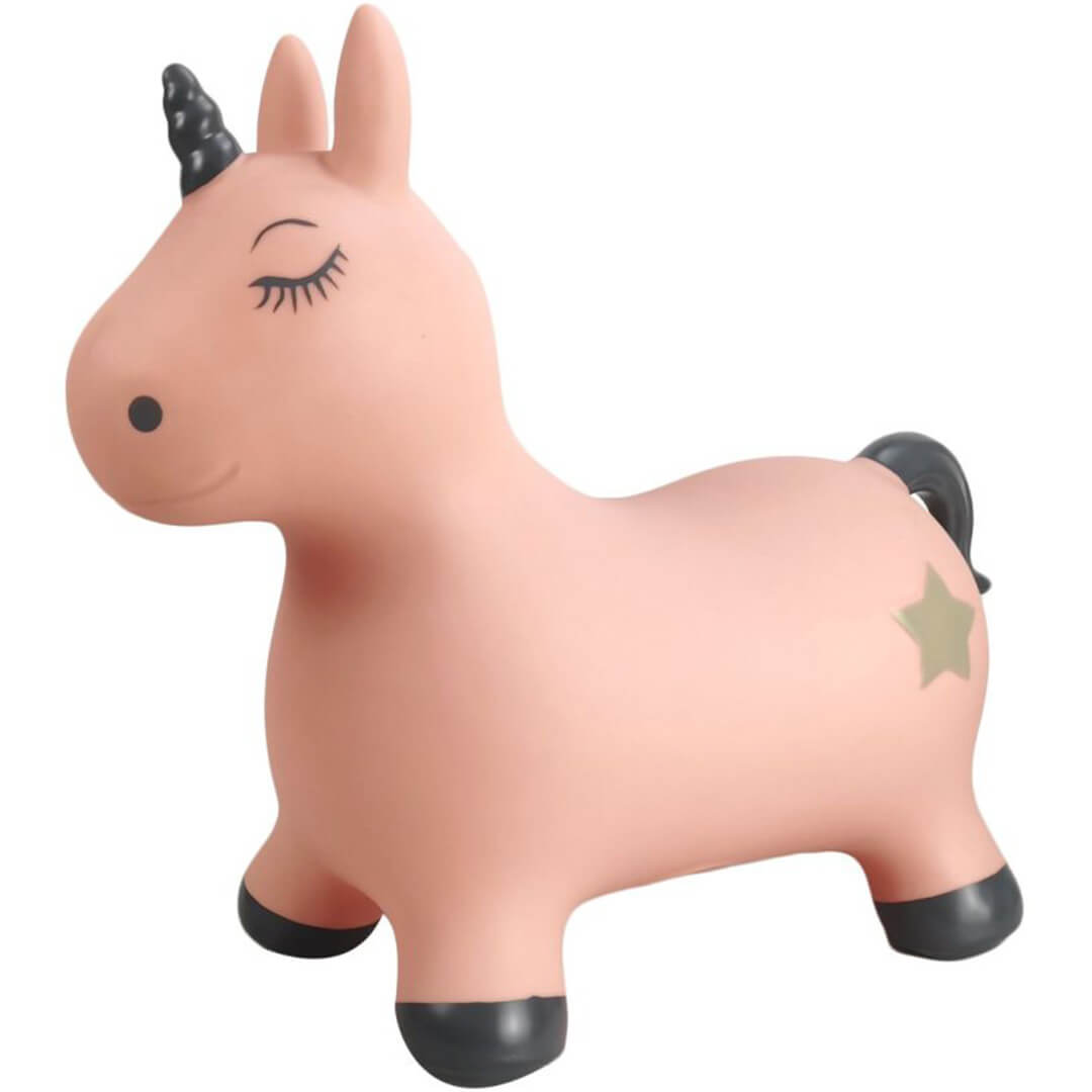 find that hippo roze opblaasbaar eenhoorn skippydier met zwarte hoorn en ster op de zijkant.
