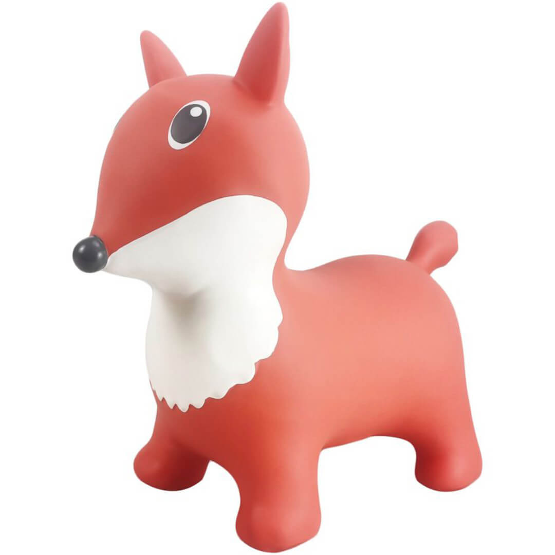 find that hippo skippydier vos, een oranje springkussen in de vorm van een vos, schuin van voren.