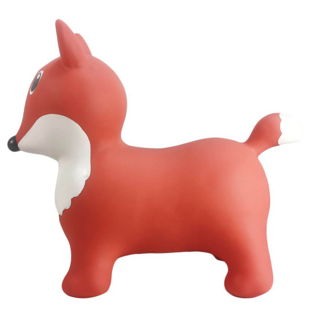 find that hippo skippydier vos, een oranje springkussen in de vorm van een vos, van de zijkant.