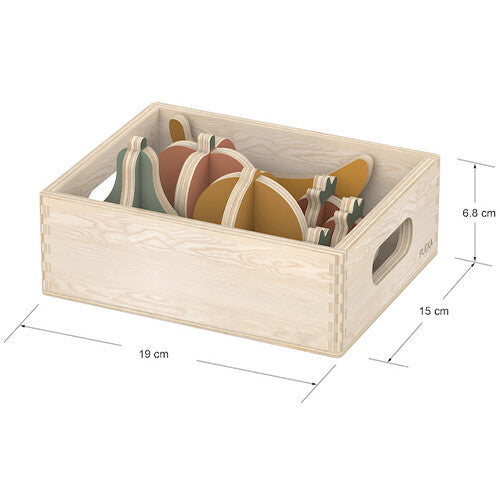 Flexa houten speelgoedfruit in een kistje met afmetingen van 19x15x6,8 cm.