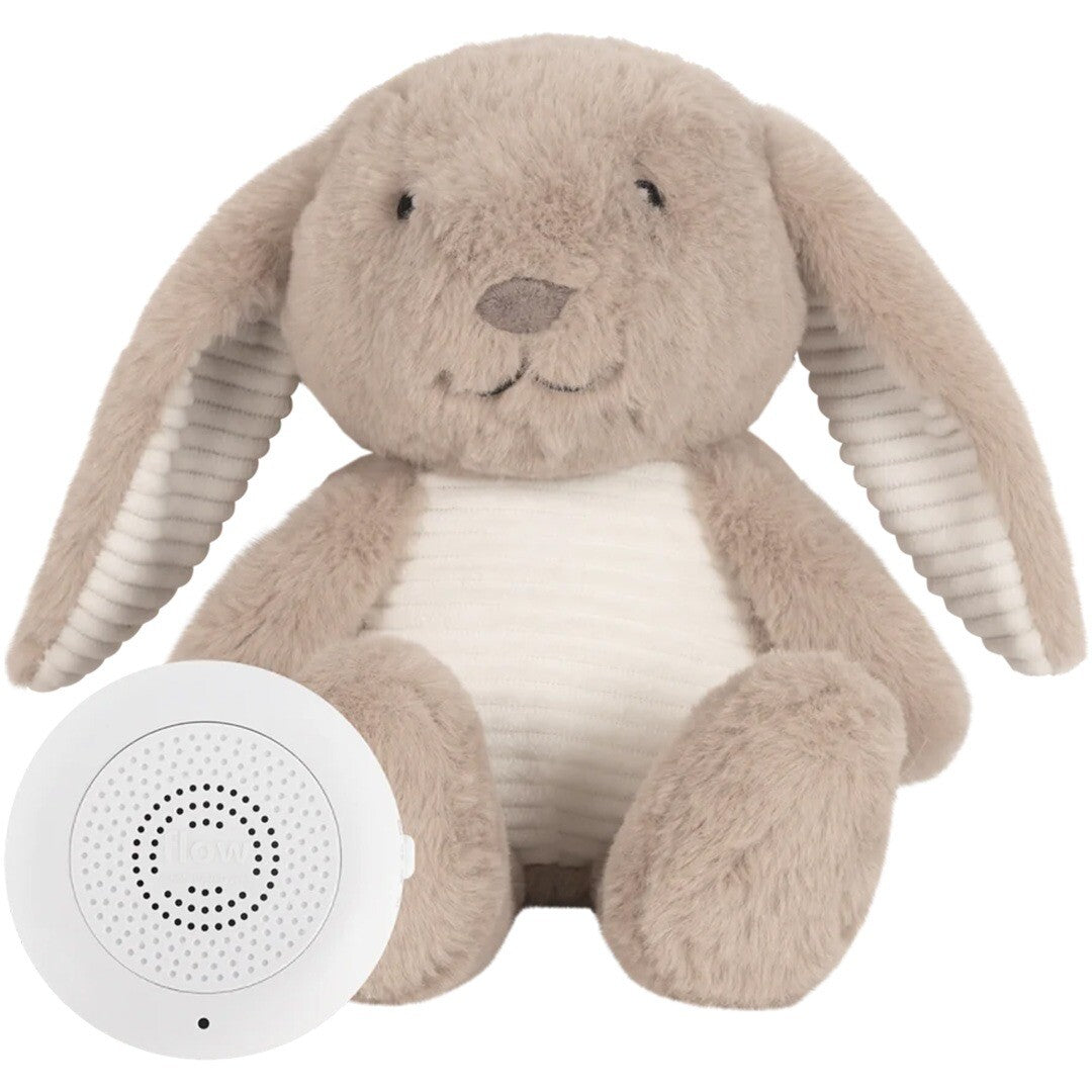 Flow Amsterdam pluchen knuffelkonijn voor baby's, zittend naast een wit oplaadbaar hartslagapparaat.