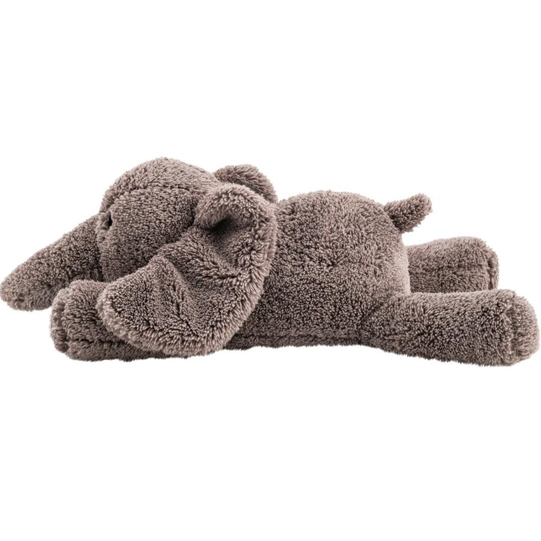 Grijze knuffelolifant van flow amsterdam, liggend op de linkerzijde.