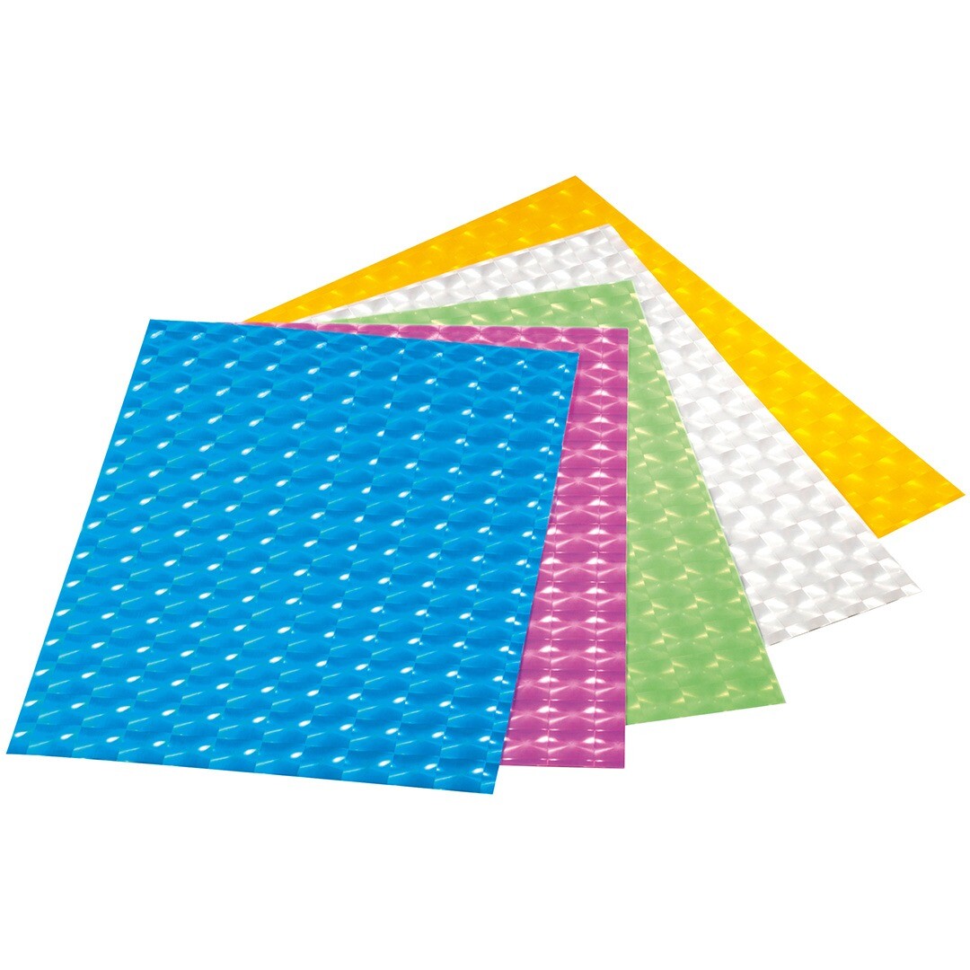 Een waaier van vijf veelkleurige Folia 3D foliebladen met een geometrisch patroon.