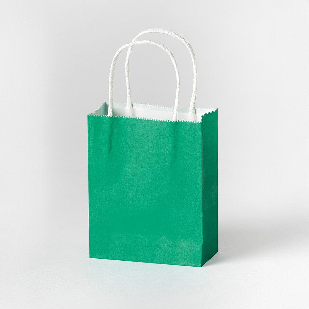 Een klein groen folia cadeauzakje met witte handvatten.