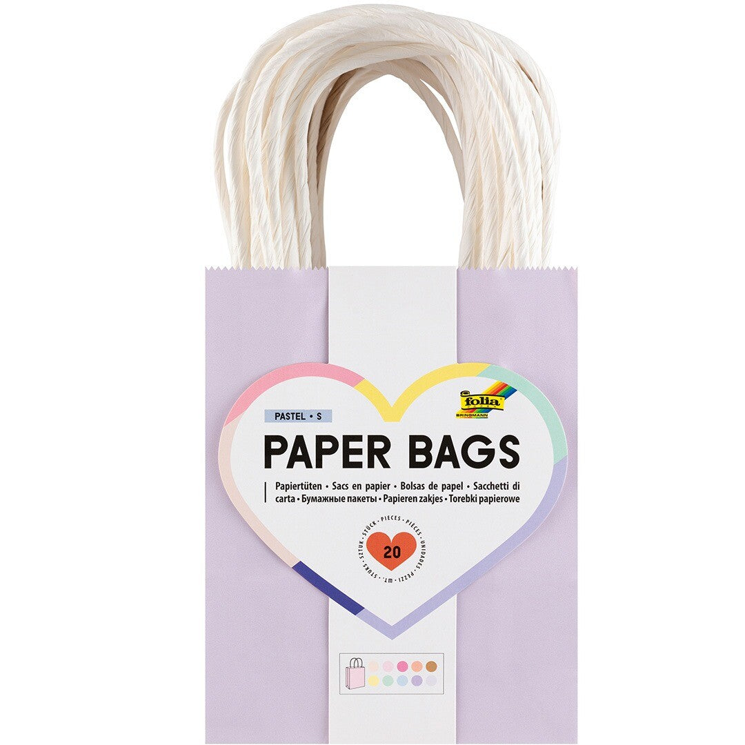 Folia cadeauzakjes verpakking met een pastel paars papieren zakje en het productlabel.