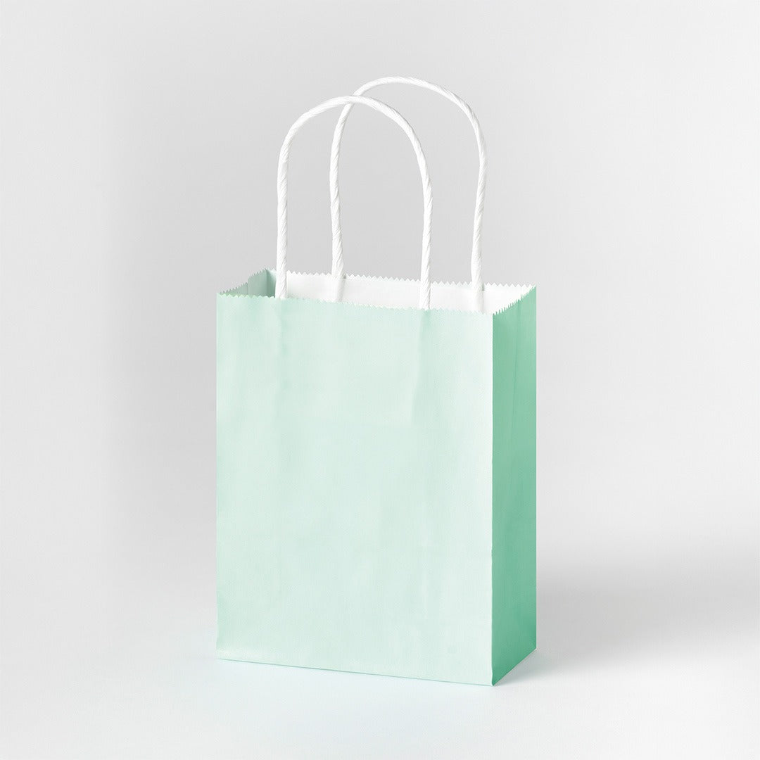 Een enkel lichtgroen Folia pastel cadeauzakje met witte handvatten.