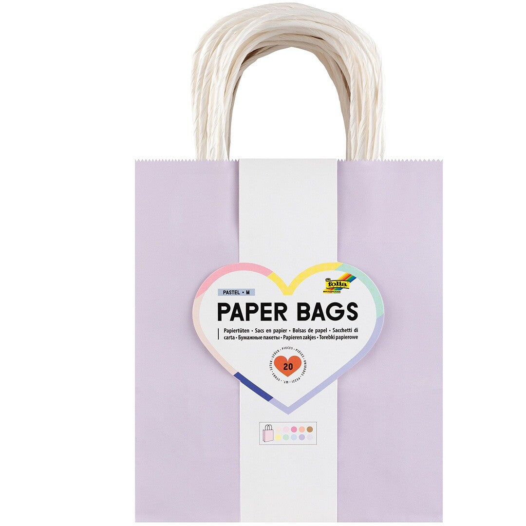 Folia verpakking van pastelkleurige papieren cadeauzakjes, met een lichtpaarse zak en een hartvormig label.