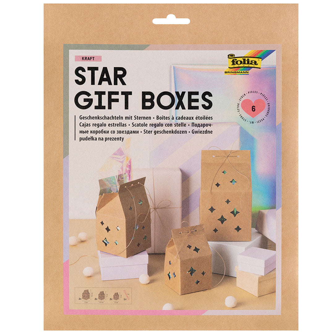 Verpakking van de Folia Star Gift Boxes met zes papieren cadeauzakjes met sterrenpatroon.