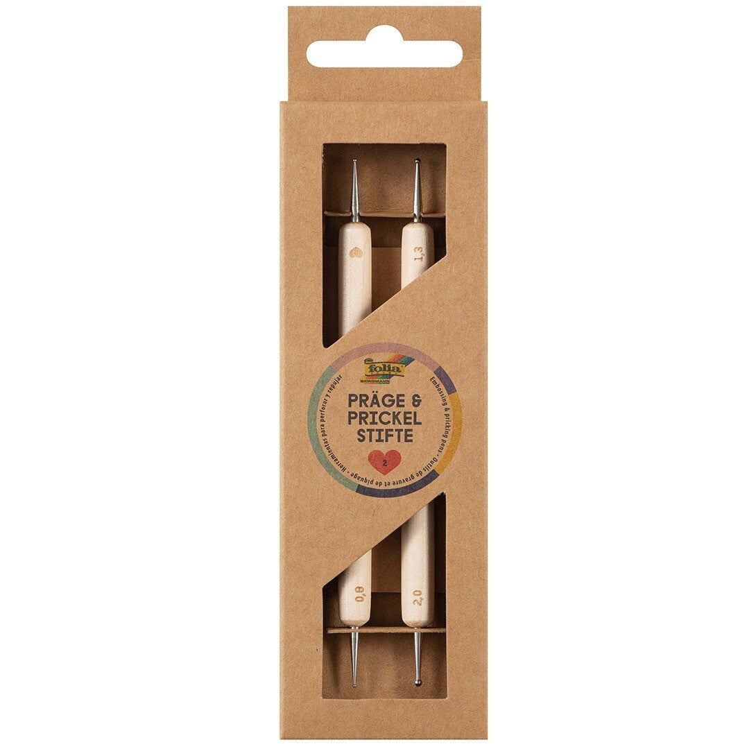 De voorkant van de Folia verpakking met twee embossing- en prikpennen zichtbaar door een venster.