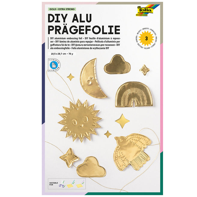 Verpakking van Folia DIY ALU Prägefolie in goud met voorbeelden van reliëfvormen.