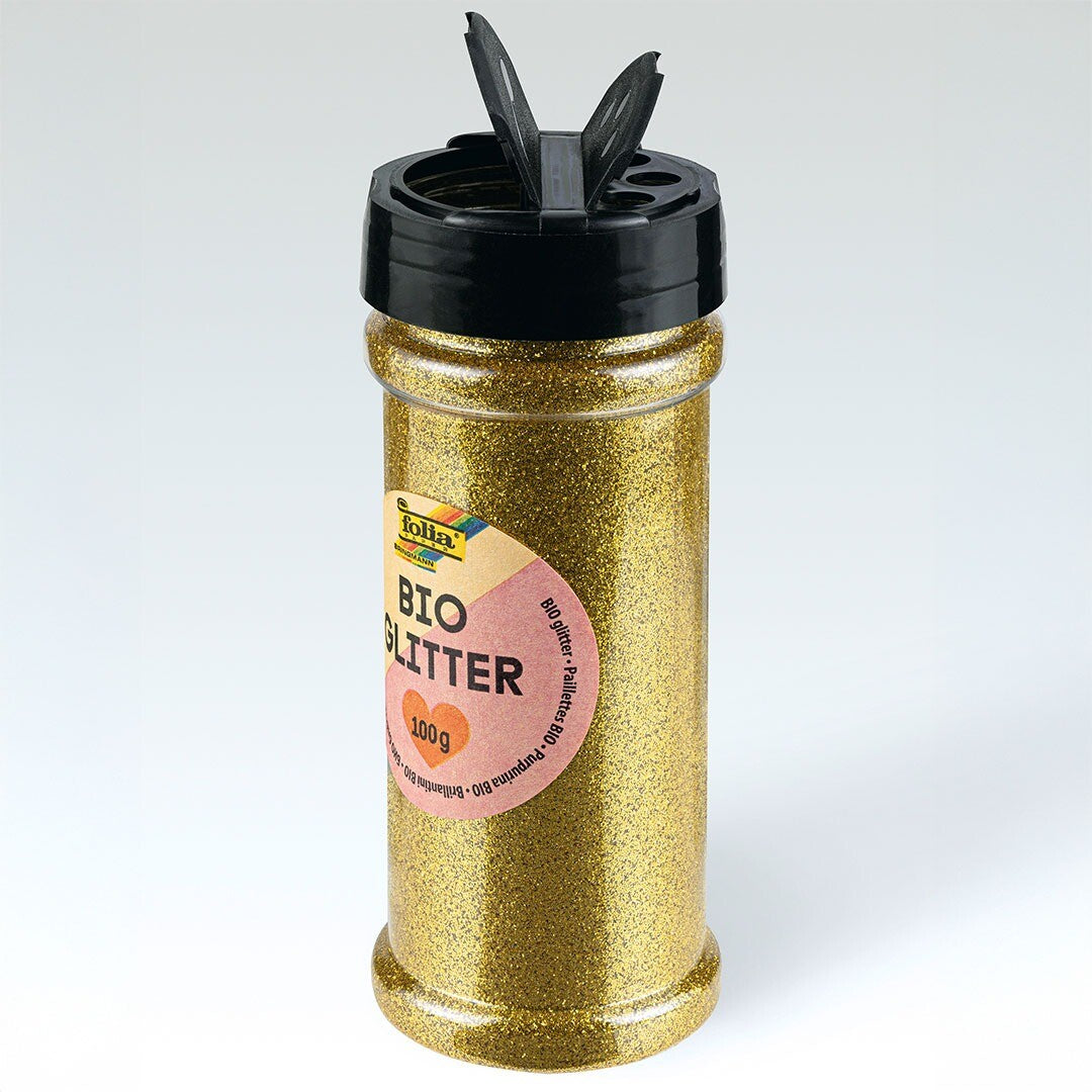 Folia pot met gouden bio glitter en geopende strooidop.