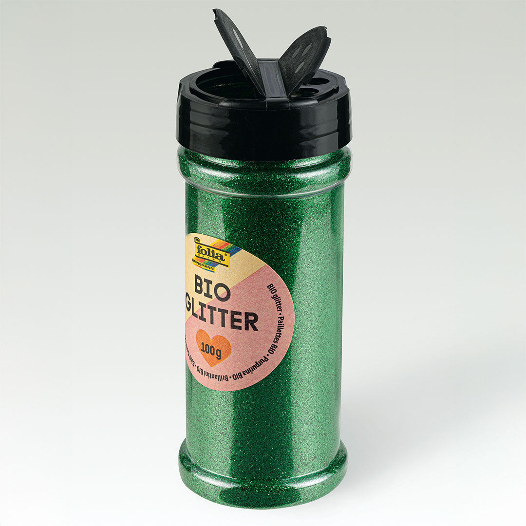 Folia groene bio glitter in een flesje met geopende strooidop.