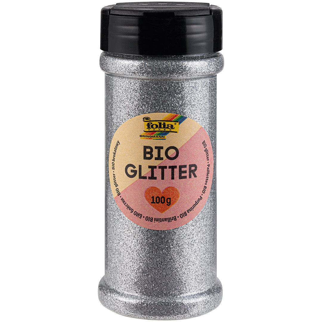 Folia zilveren glitter in een transparante strooibus met zwart deksel.