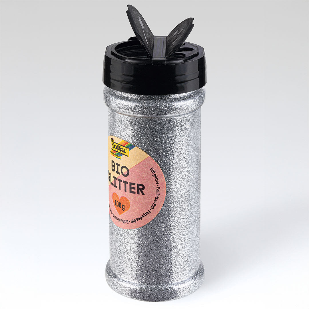 Folia zilveren glitter in een transparante strooibus met open strooideksel.