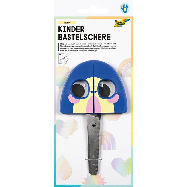 Verpakking van de folia kinderschaar met regenboogthema en een vrolijk gezichtje.