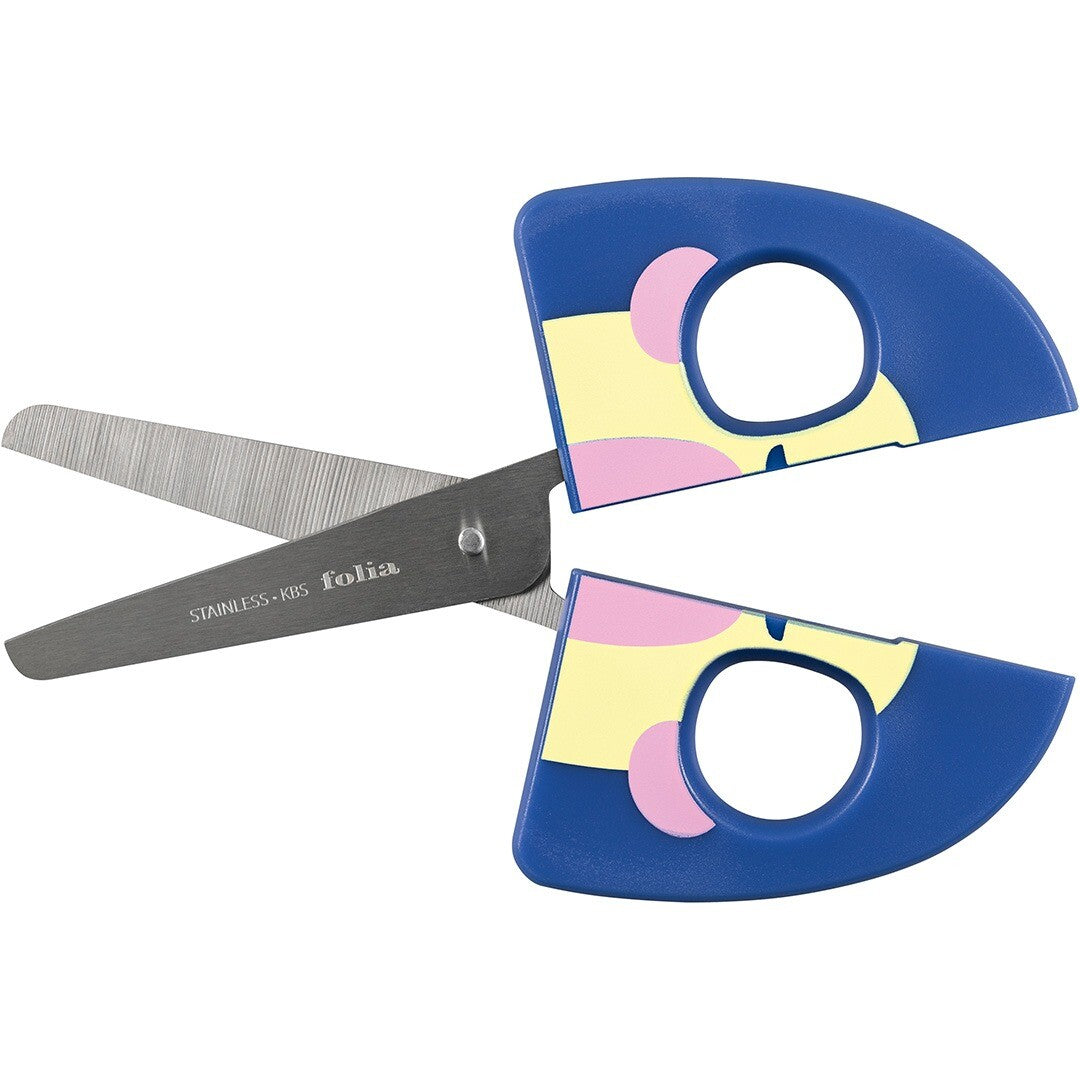 Open folia kinderschaar met blauwe handvatten en een vrolijk regenbooggezichtje.