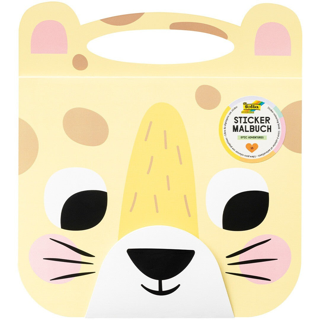Folia kleur- en stickerboek Epic Adventures met een gele verpakking in de vorm van een dierenkop.