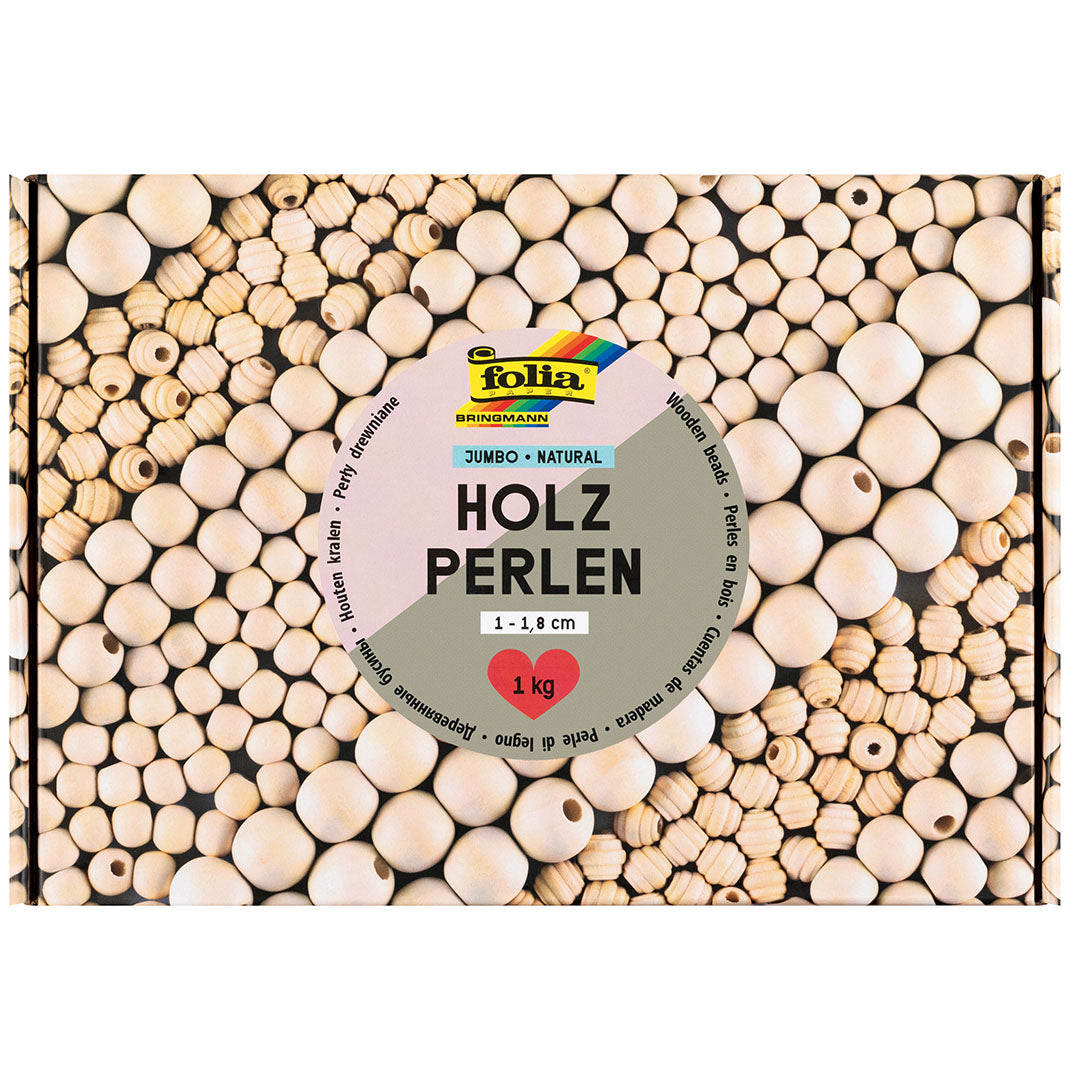 Folia verpakking met een patroon van houten kralen en de productnaam 'HOLZ PERLEN'.