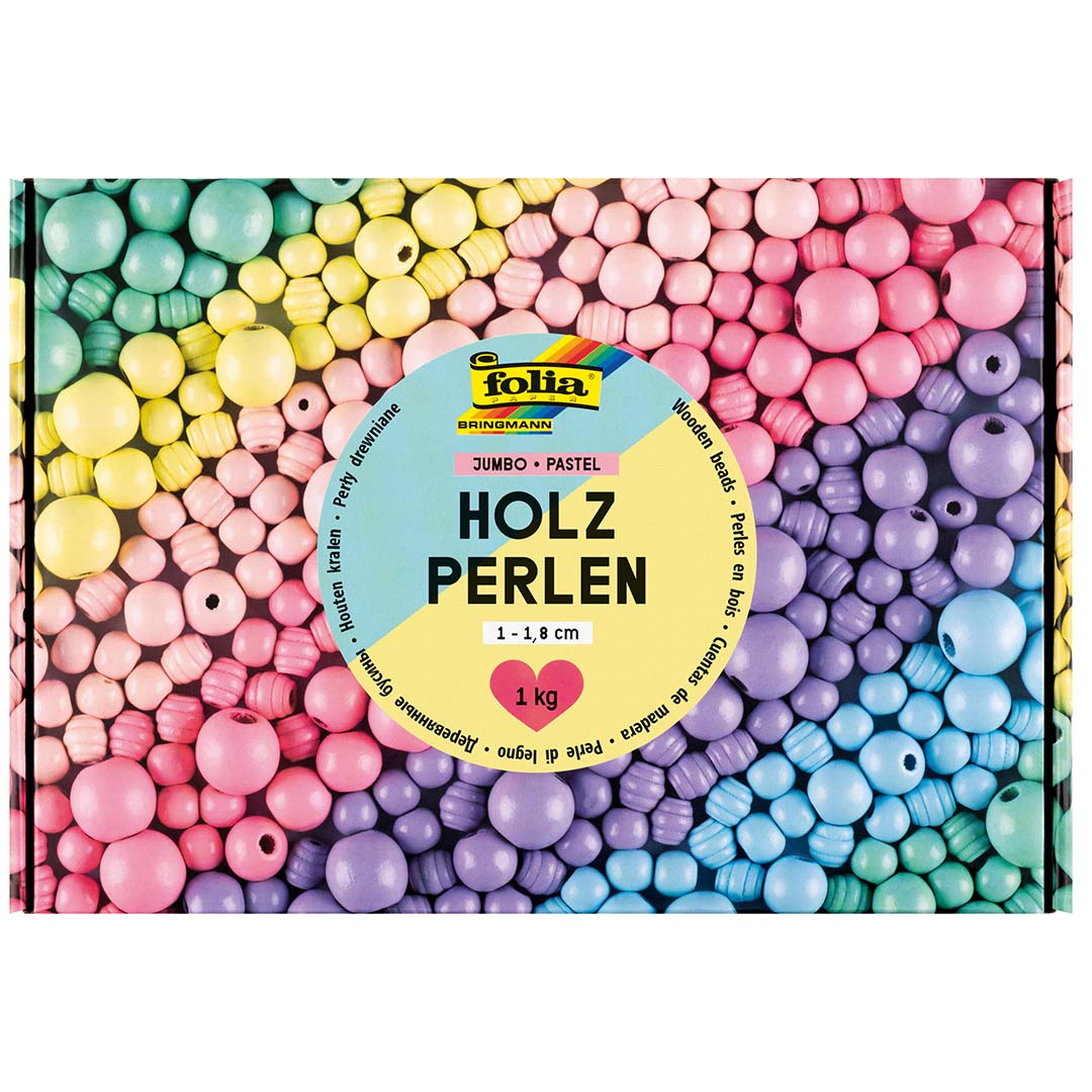 De verpakking van Folia houten kralen in pastelkleuren.