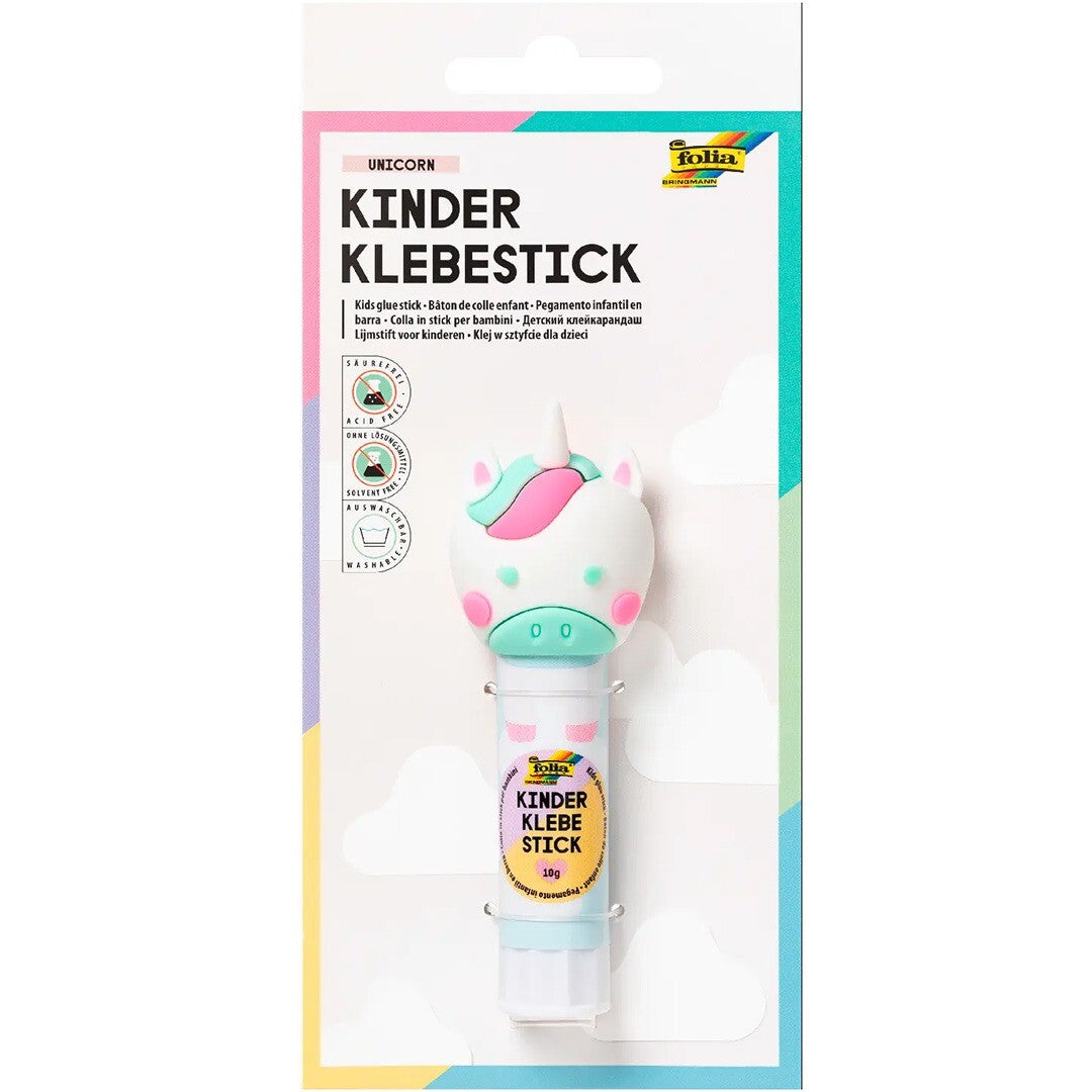 Folia Kinder Klebestick met eenhoornkopje in de verpakking.