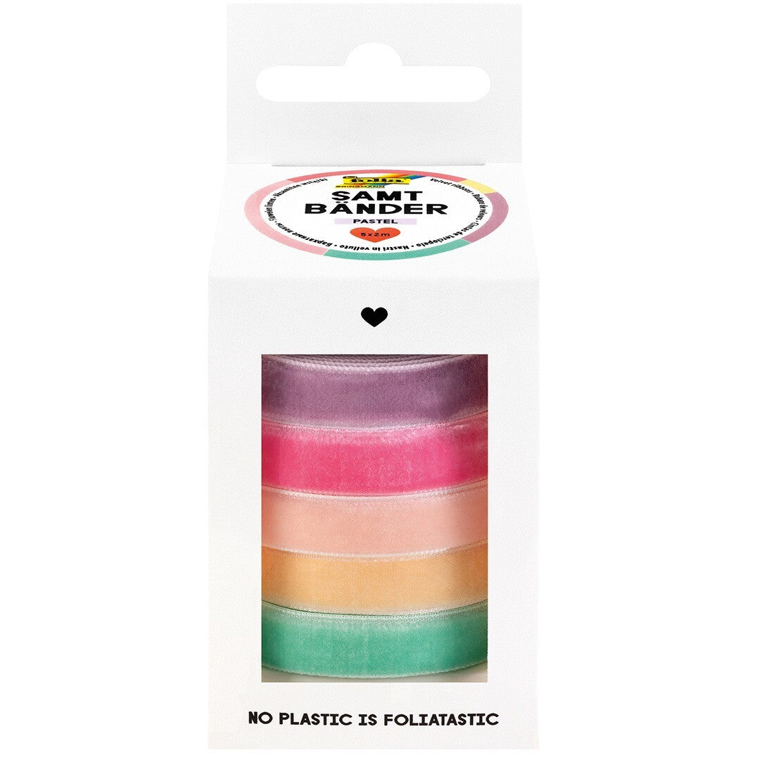 Verpakking van Folia fluwelen linten in pastelkleuren.