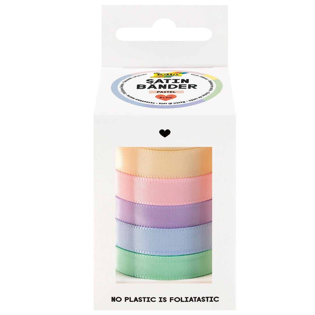 Verpakking van Folia satijnen linten in pastelkleuren.