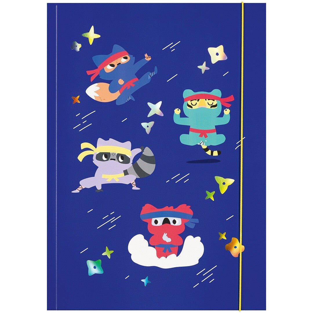 folia A3 opbergmap met blauwe voorkant en illustraties van ninja dieren en sterren.