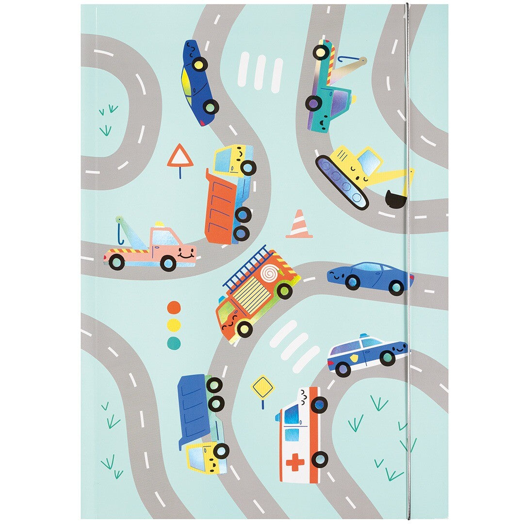 Folia A3 opbergmap met een patroon van wegen en diverse voertuigen.