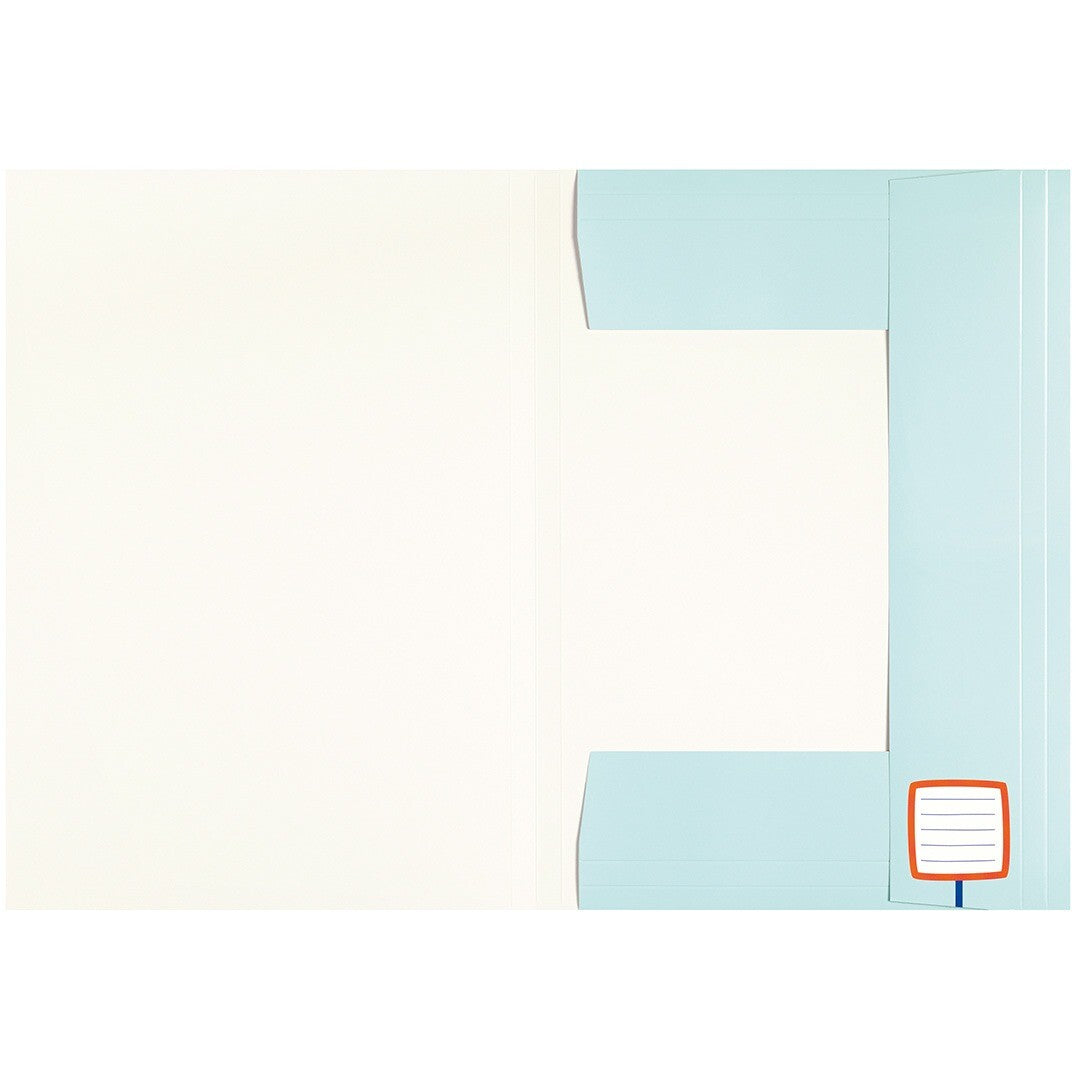 De open Folia A3 opbergmap met een blanco binnenkant en een blauw vak voor documenten.