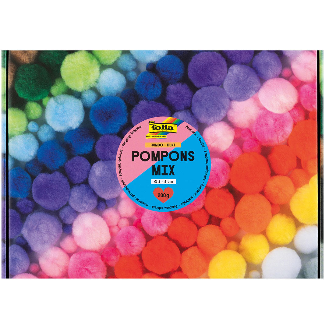 Folia pompoms mix verpakking met een regenboog aan kleurrijke pluche bolletjes.