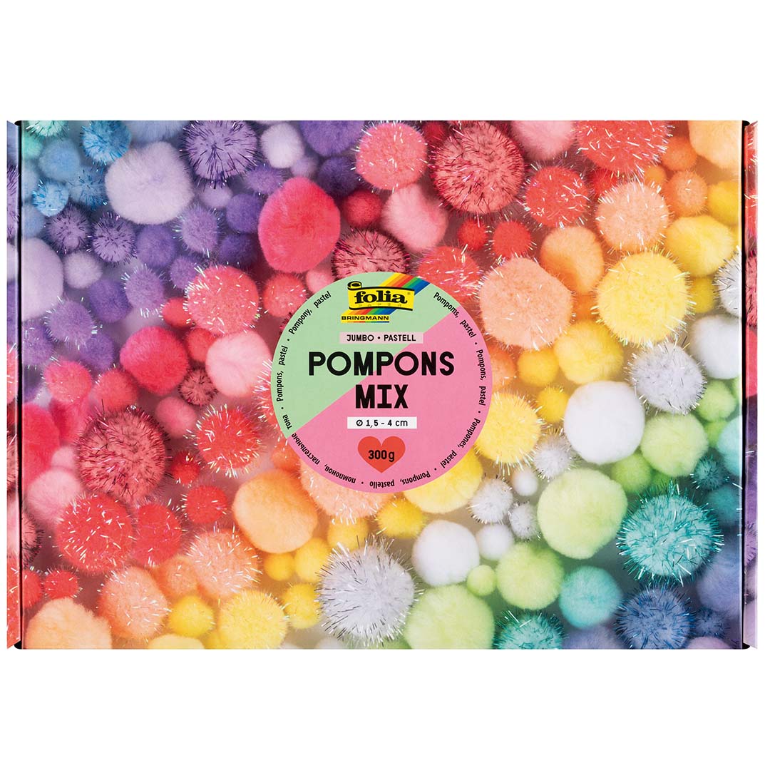 Folia verpakking met een mix van pastelkleurige pompoms, gesorteerd in een regenboogpatroon.