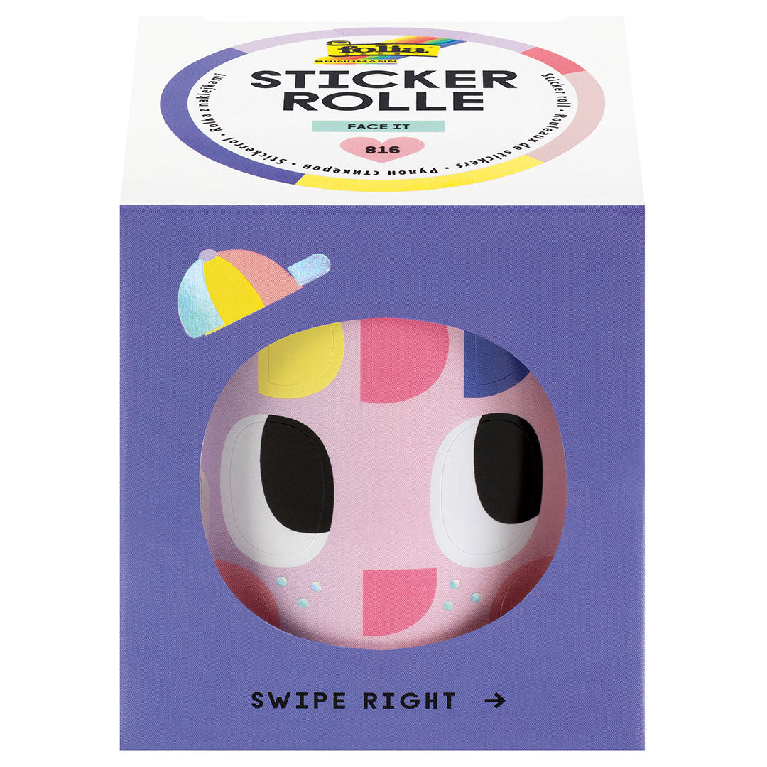 De verpakking van de Folia stickerrol met gezichtjes, met een rond uitgesneden venster dat een roze stickerrol toont.