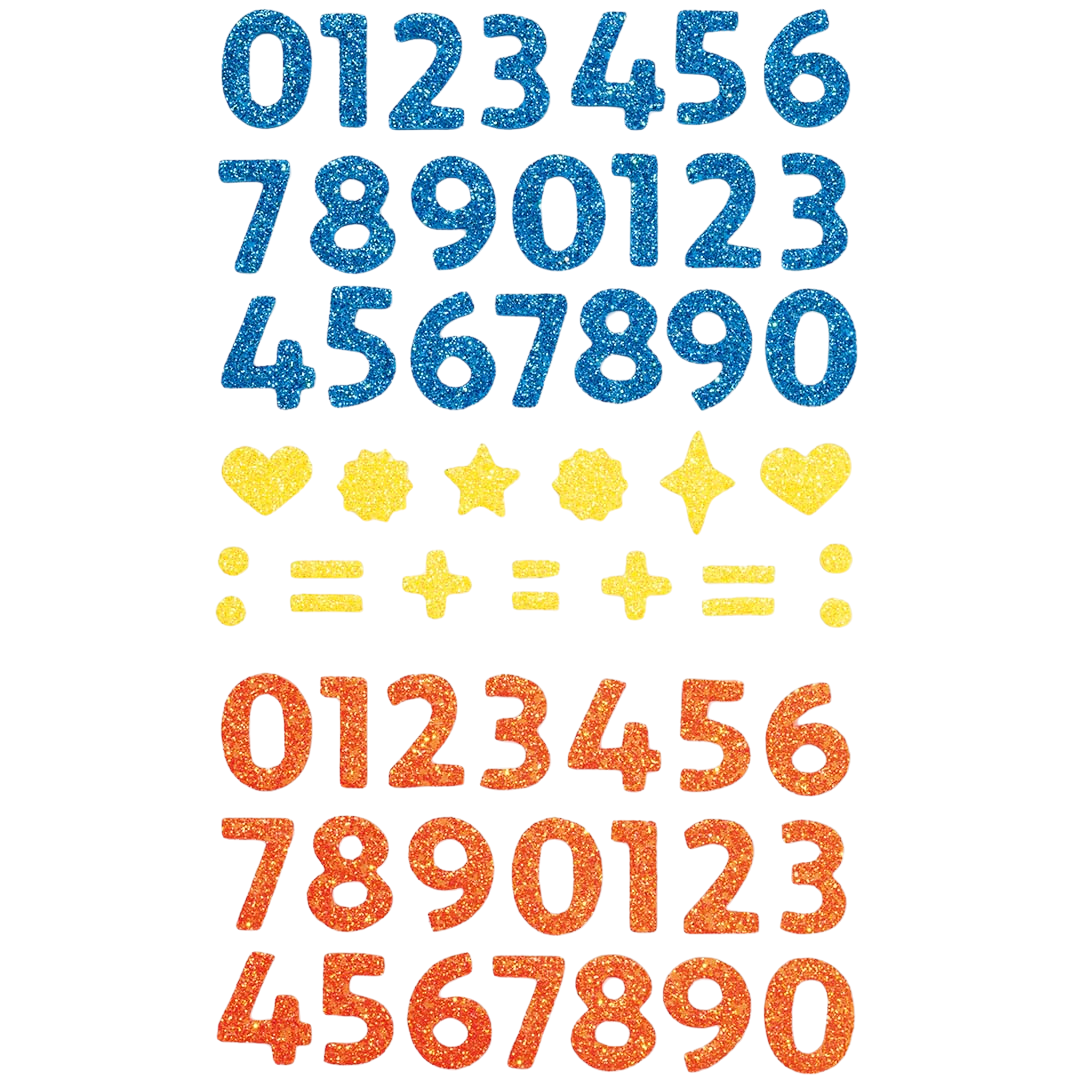 Folia glitter cijferstickers in blauw en oranje, met gele glitter hartjes, sterren en rekensymbolen.