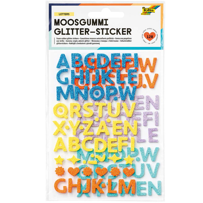 Folia verpakking met veelkleurige glitter letterstickers van schuimrubber, inclusief sterren en hartjes.