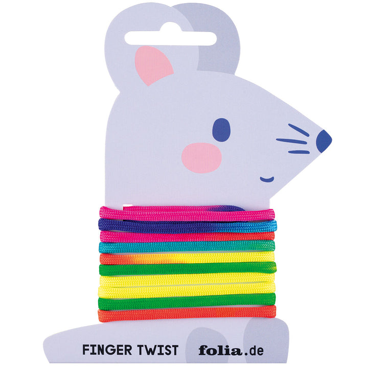 Folia Finger Twist touwspel verpakking in de vorm van een muis met veelkleurige touwen.