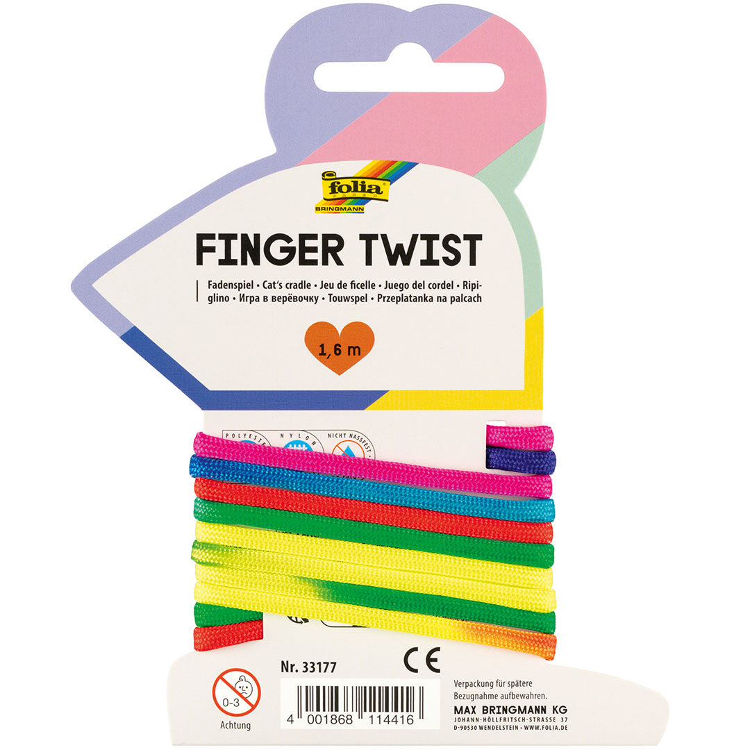 Achterkant van de Folia Finger Twist touwspel verpakking met productinformatie en veelkleurige touwen.
