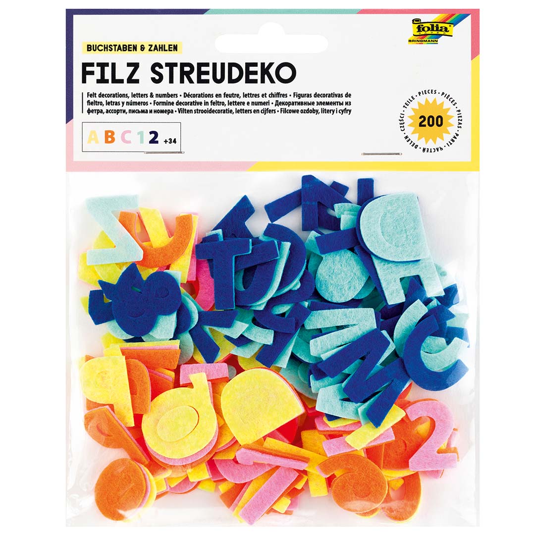 Folia verpakking met 200 veelkleurige vilten letters en cijfers.