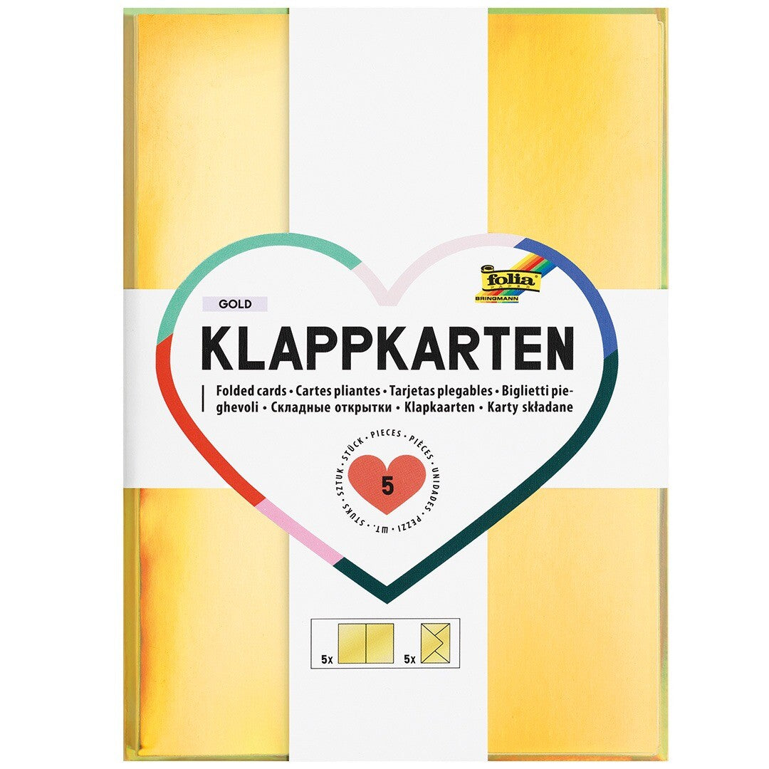 Verpakking van folia gouden klapkaarten met een hartvormig label.