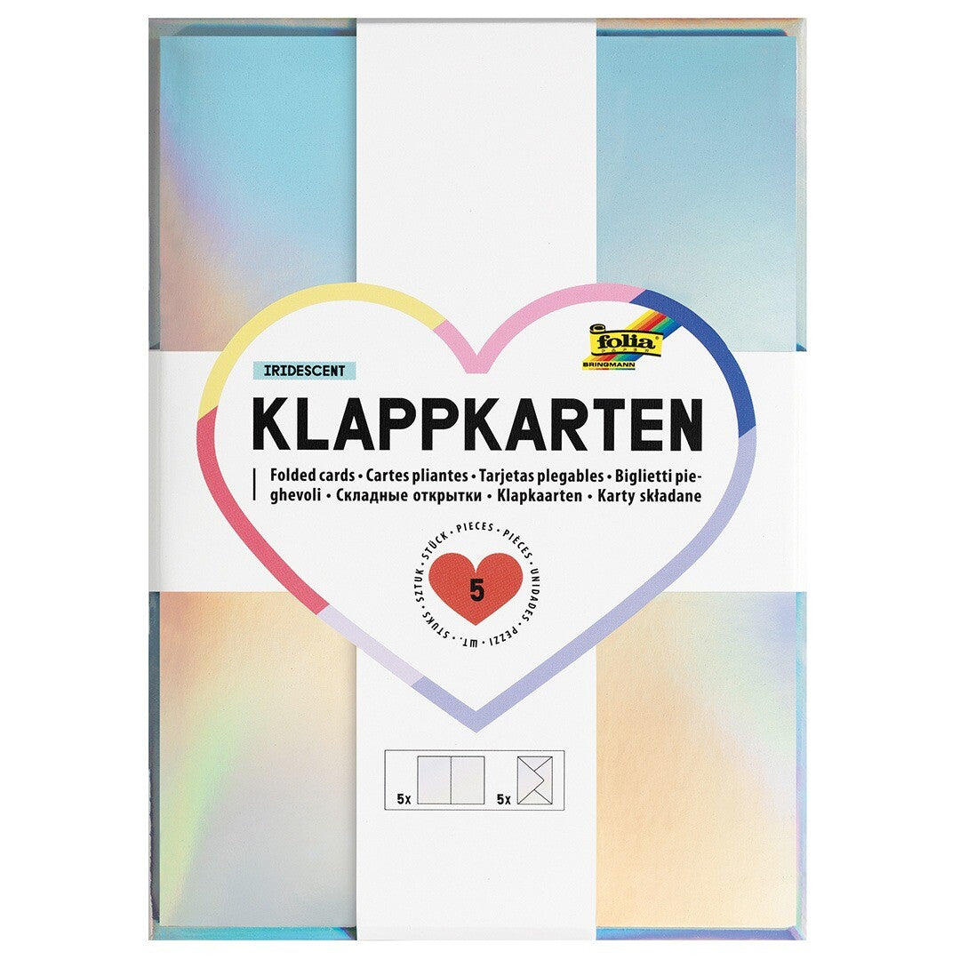 Verpakking van folia iriserende wenskaarten met een hartvormig label.