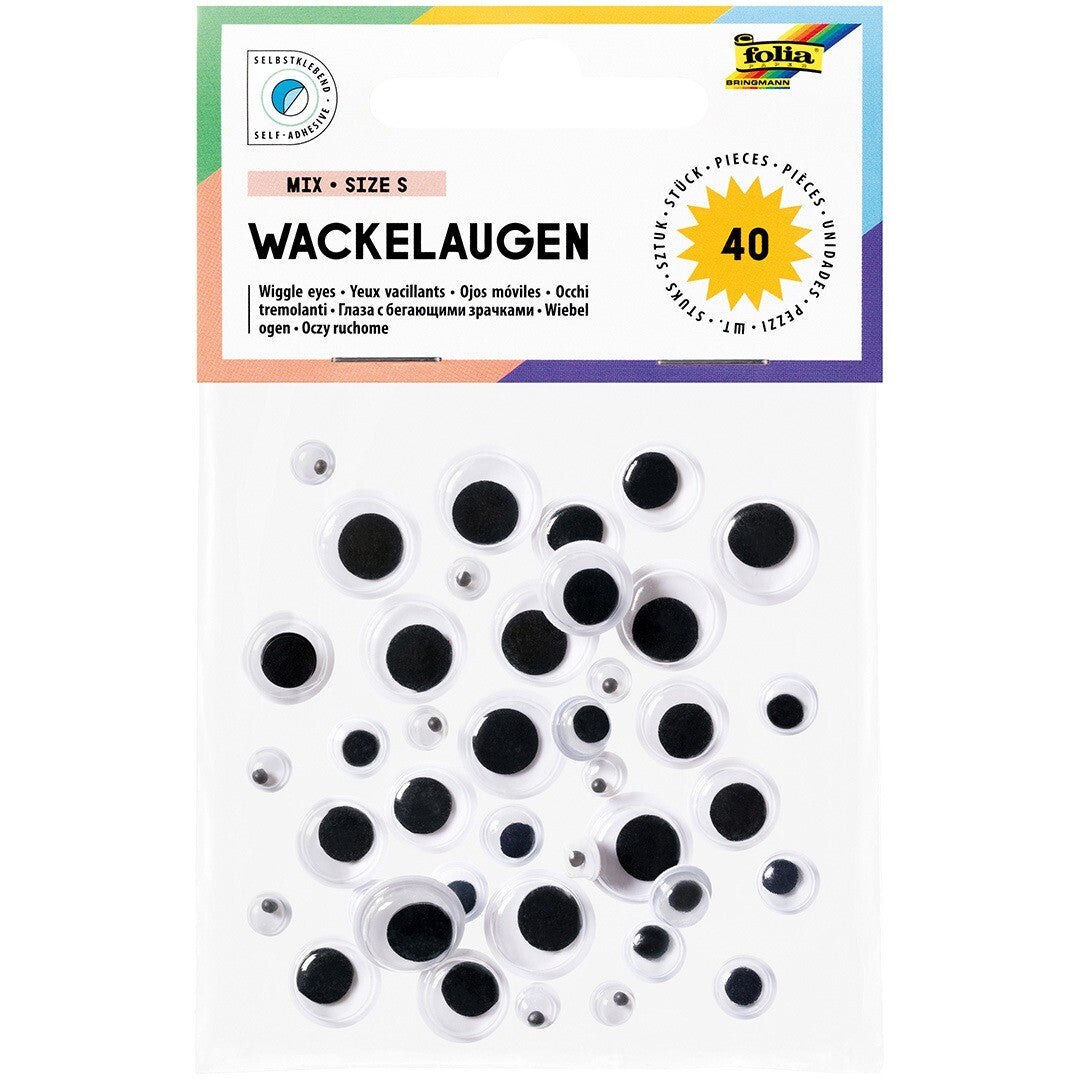 Verpakking van Folia wiebelogen in verschillende maten, met 40 stuks.