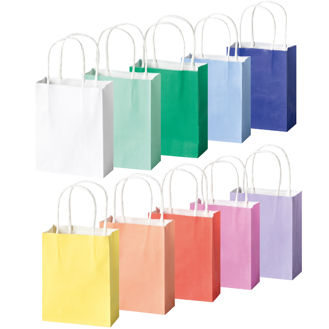 Collectie van tien kleine folia cadeauzakjes in verschillende kleuren, waaronder wit, groen, blauw, geel, oranje, rood, roze en paars.