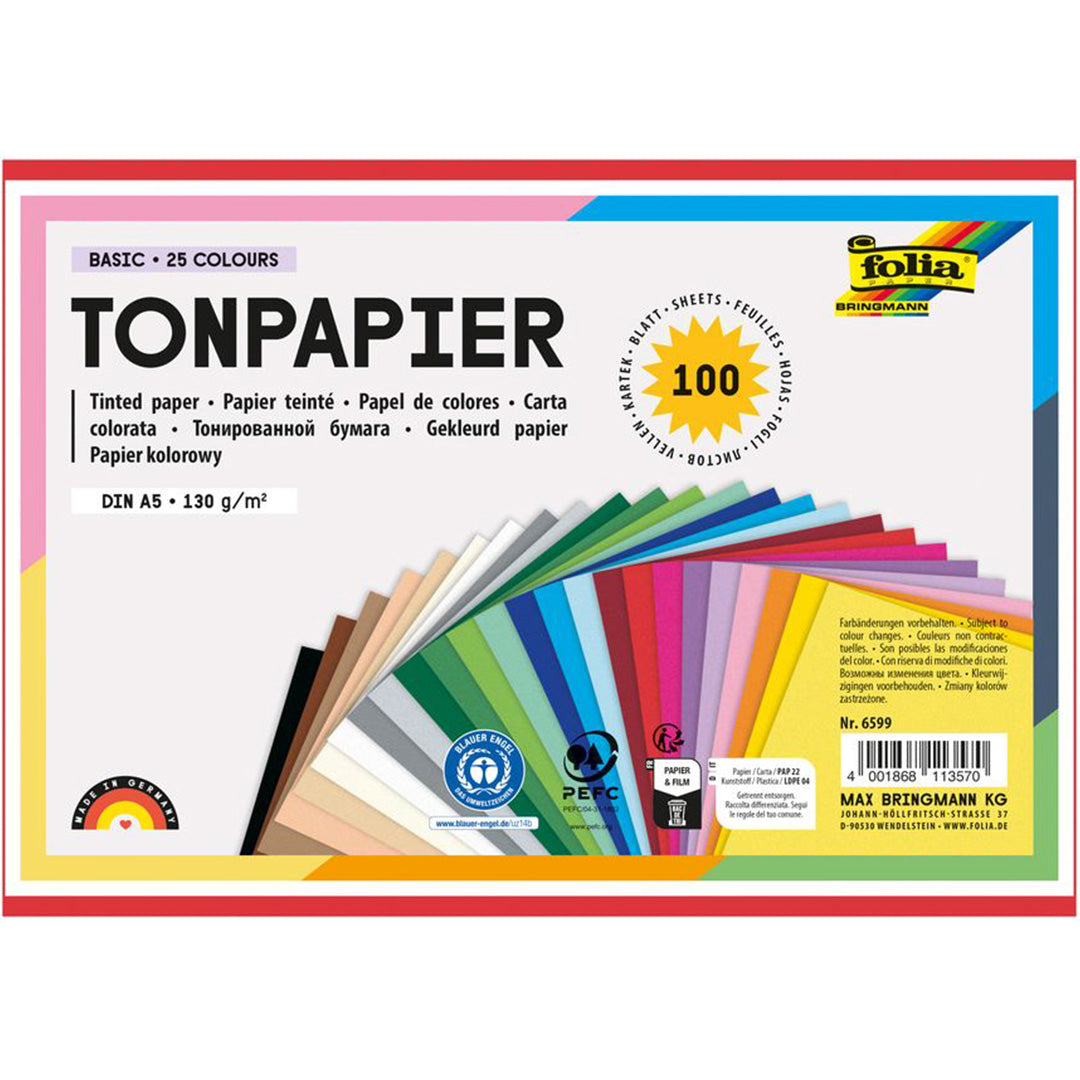 Verpakking van Folia knutselpapier in 25 verschillende kleuren, A5-formaat, met 100 vellen.