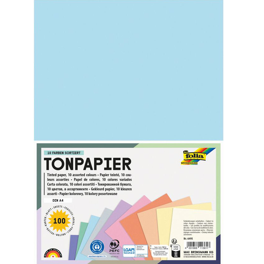 Verpakking van Folia knutselpapier in 10 pastelkleuren, met een lichtblauw vel bovenaan.