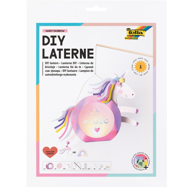 Folia knutselset verpakking voor een DIY lantaarn met een eenhoorn thema.