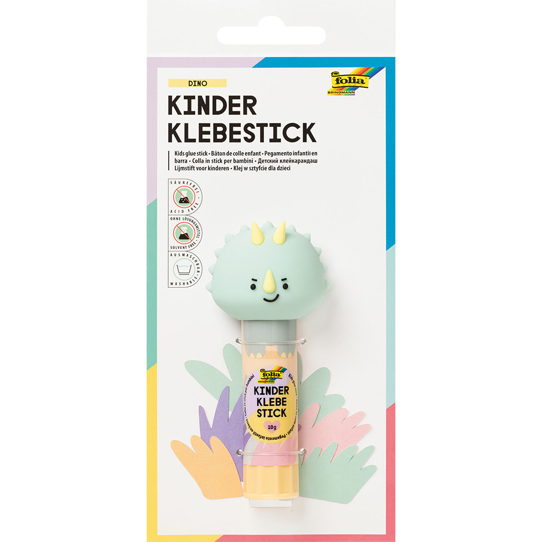 De verpakking van de Folia kinderlijmstift met dinosauruskop.