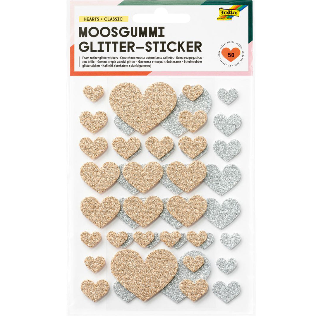 Verpakking van Folia glitter hartjes stickers in goud en zilver.