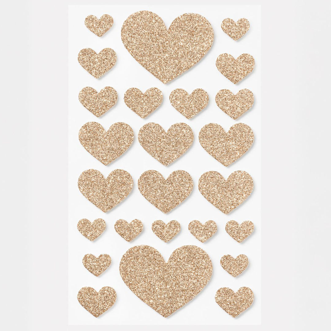 Collectie Folia gouden glitter hartjes stickers van verschillende formaten.